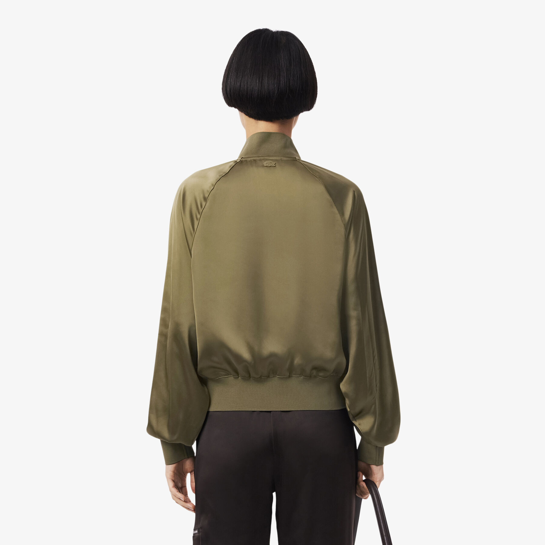 lacoste oversized embroidered signature satin bomber jacket