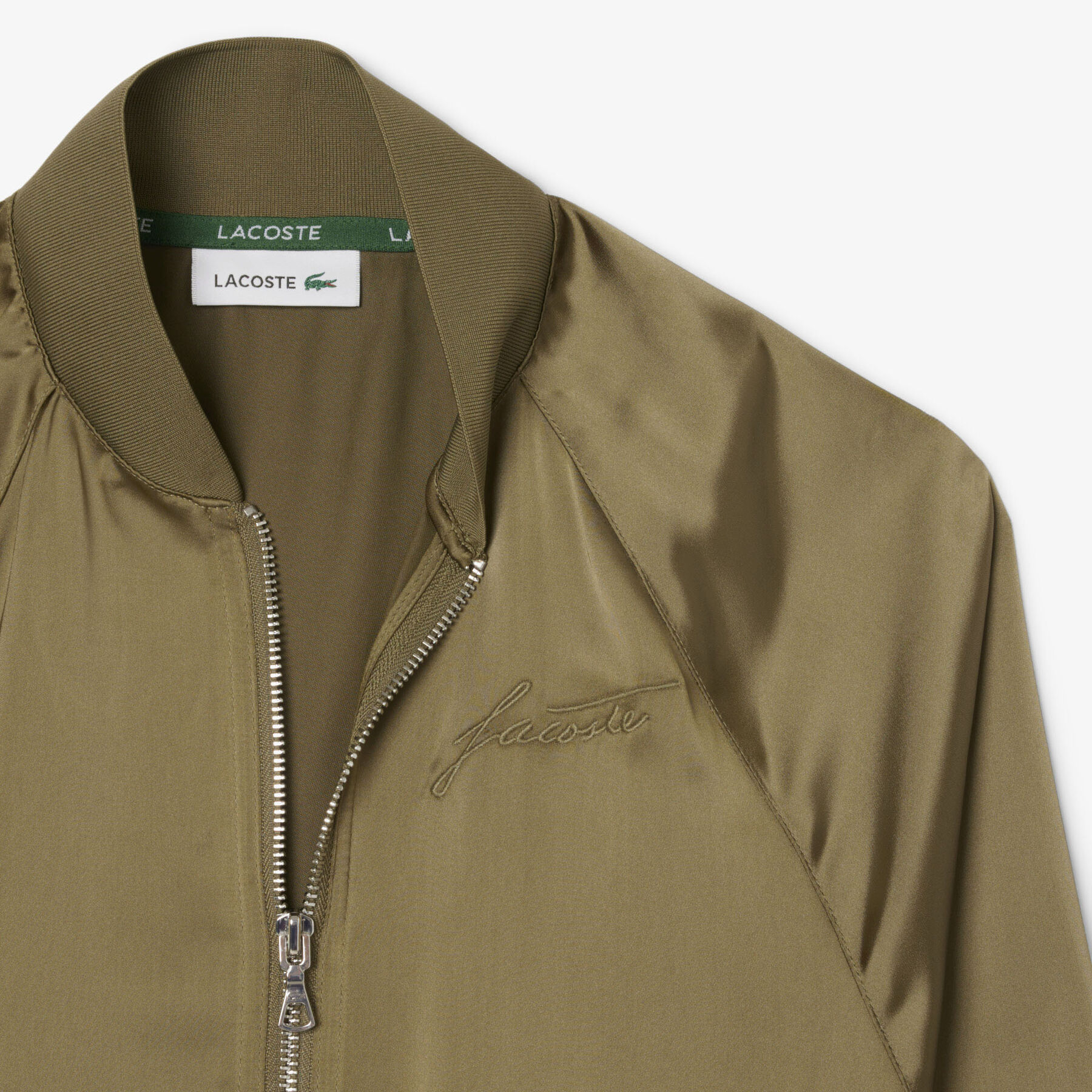 lacoste oversized embroidered signature satin bomber jacket