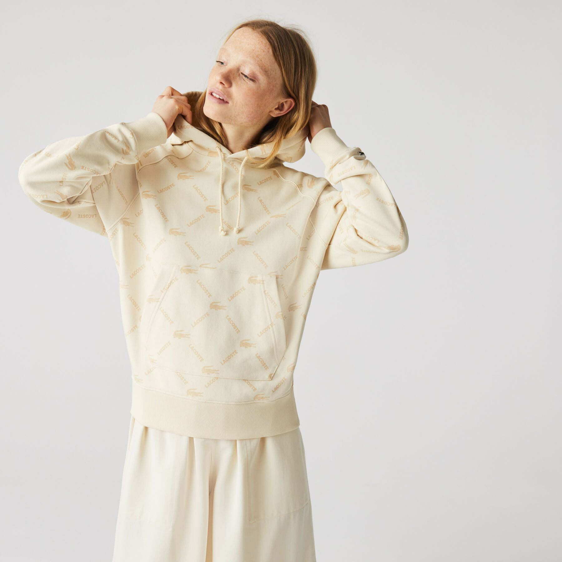 unisex lacoste live loose fit hooded monogram cotton sweatshirt