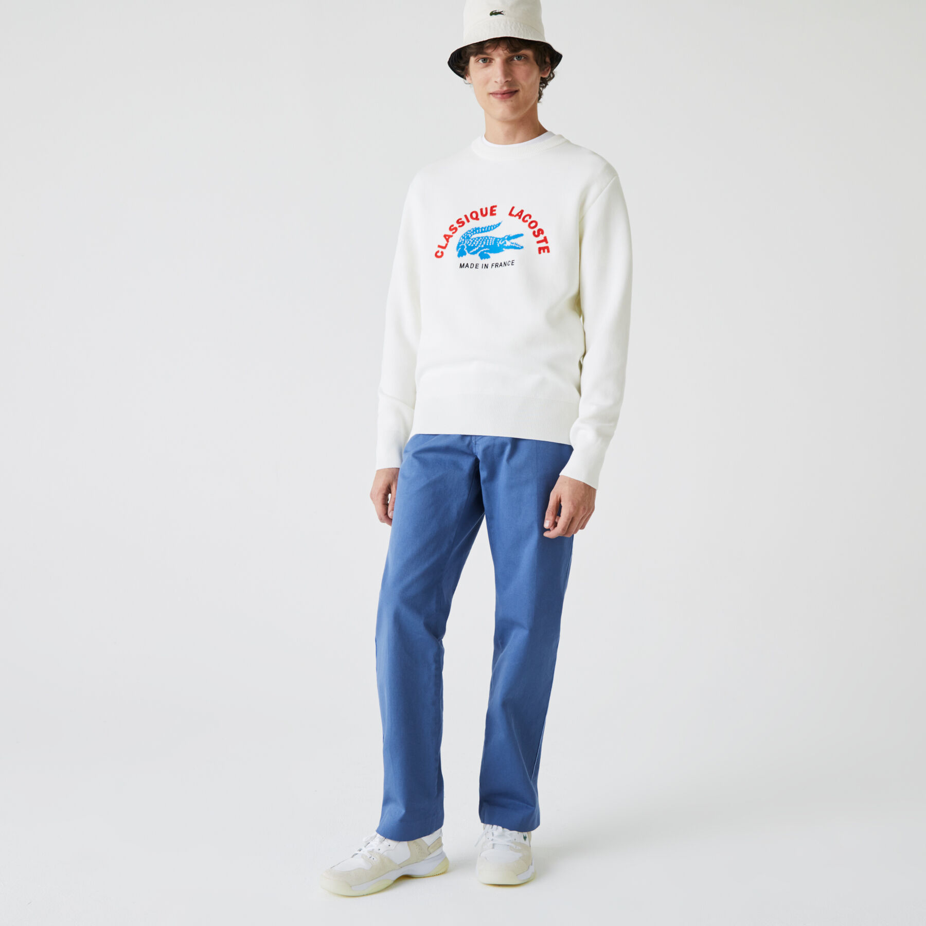 lacoste men s made in france crew neck embroidered stretch cotton sweater