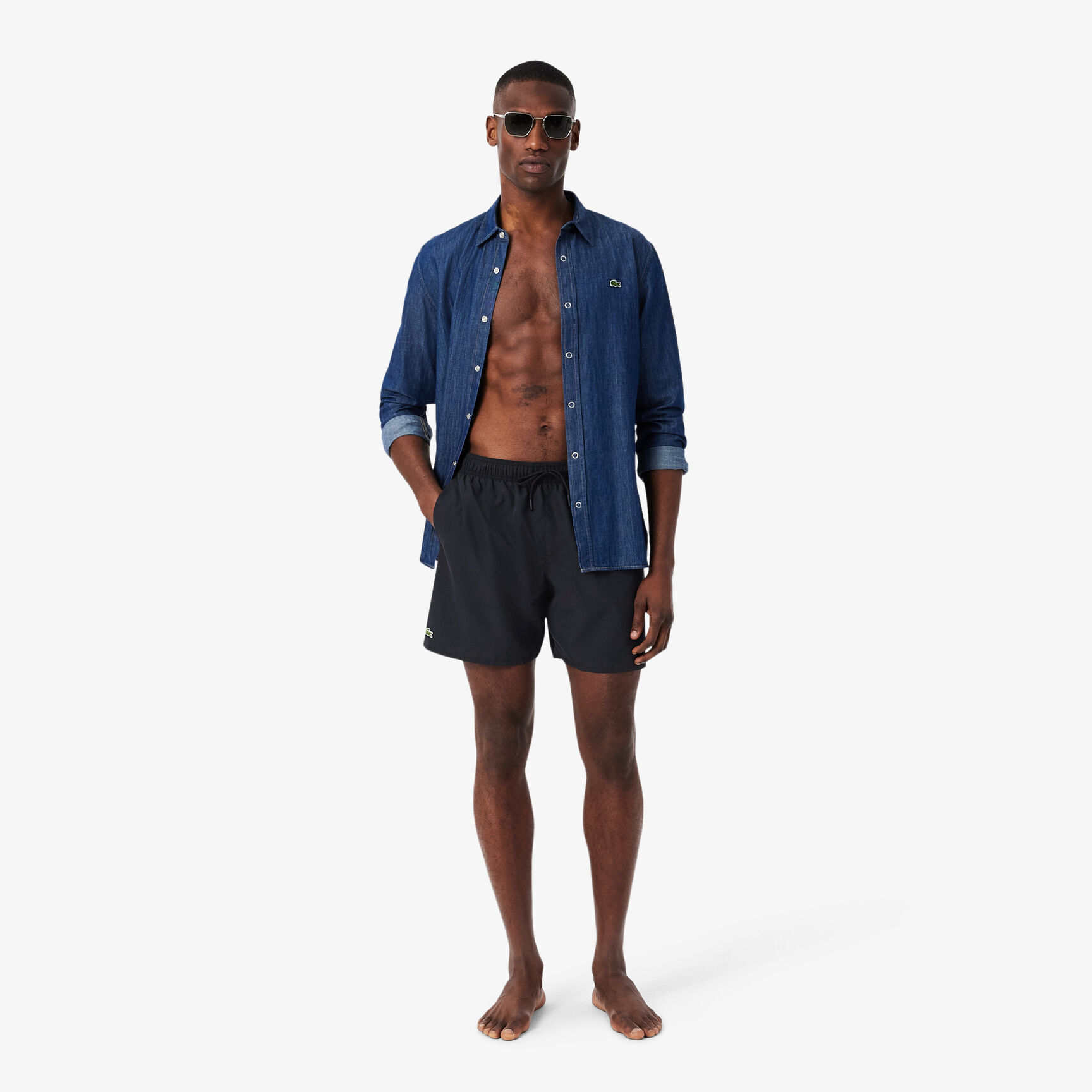 شورت سباحة أحادي اللون متوسط الطول