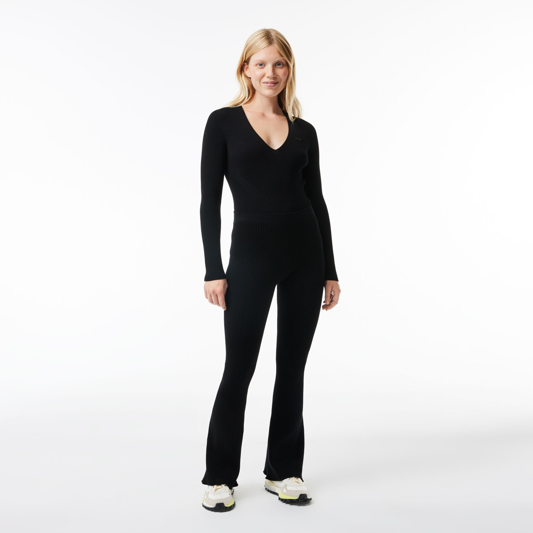 lacoste seamless ribbed knit flared leggings