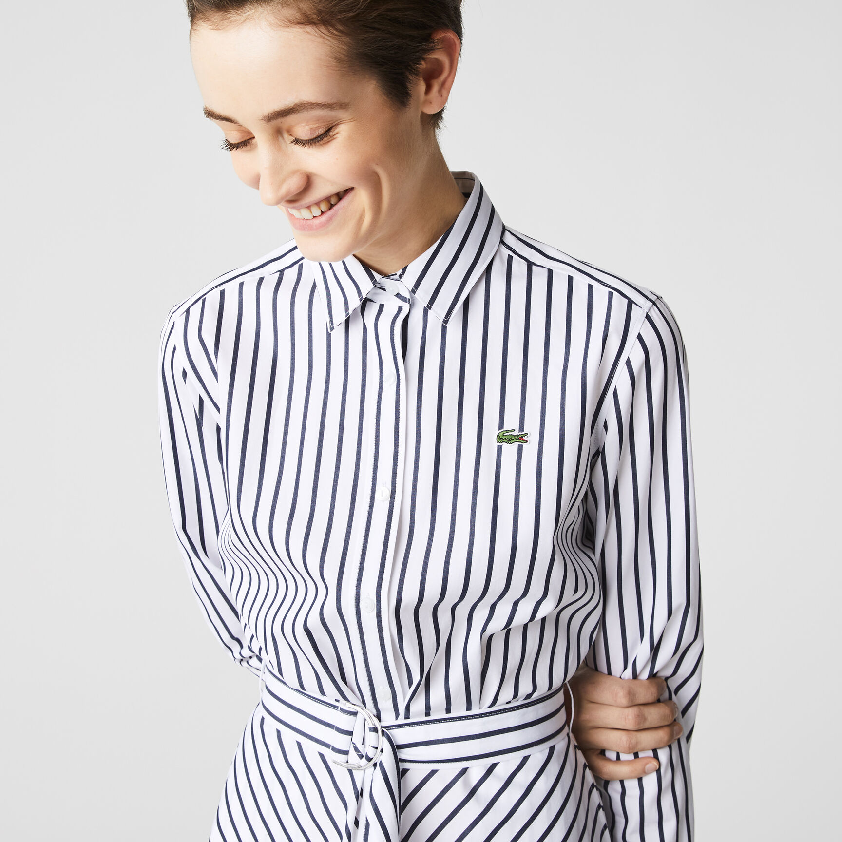 Women's Buttoned Striped Poplin Shirt Dress