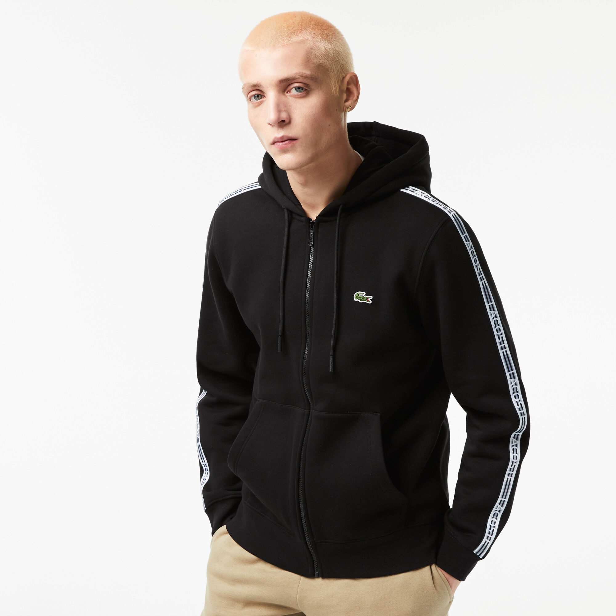 Men's Classic Fit Zipped Hoodie with Brand Stripes, Black
