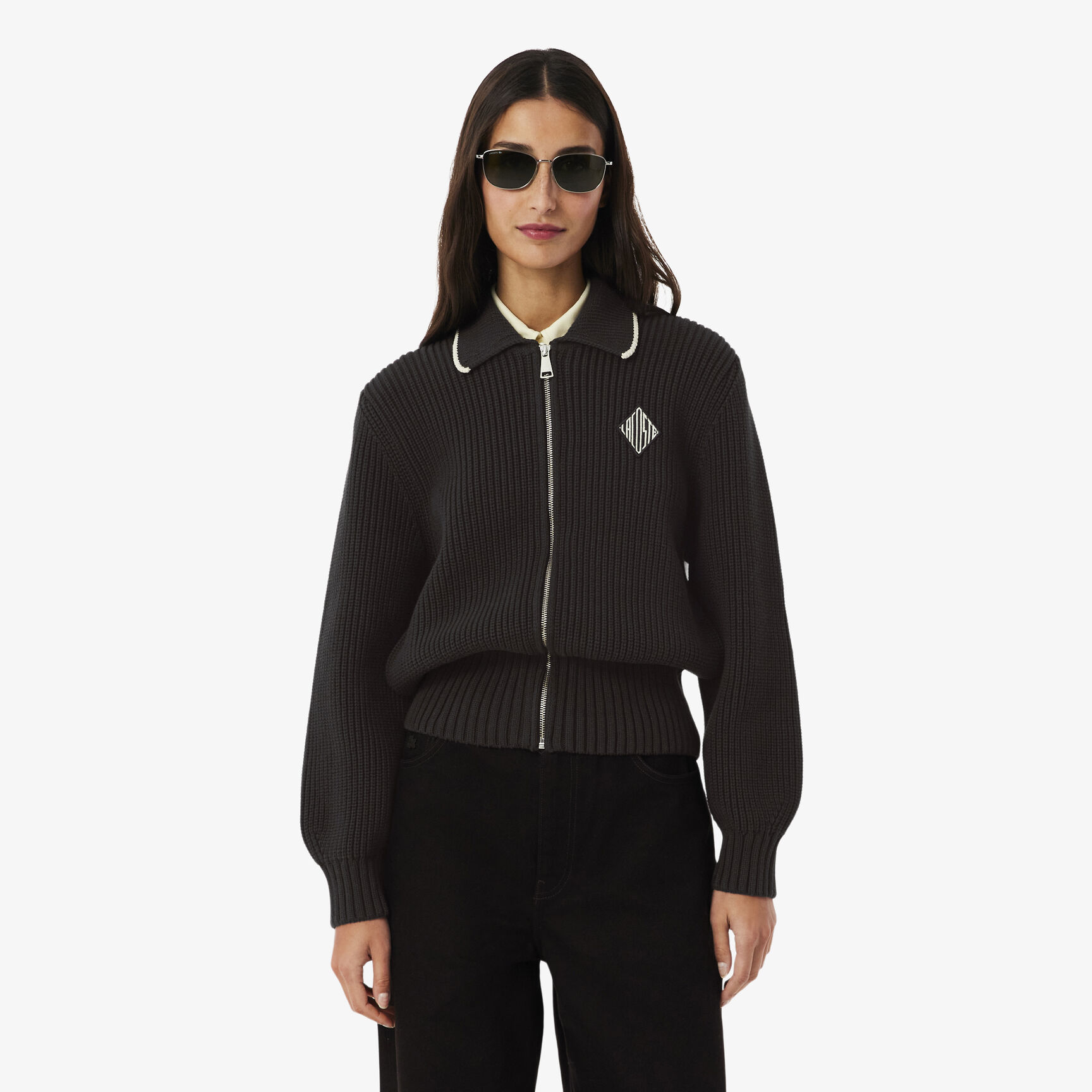 Zipped Cotton Badge Accent Sweater Zipped Cotton Badge Accent Sweater