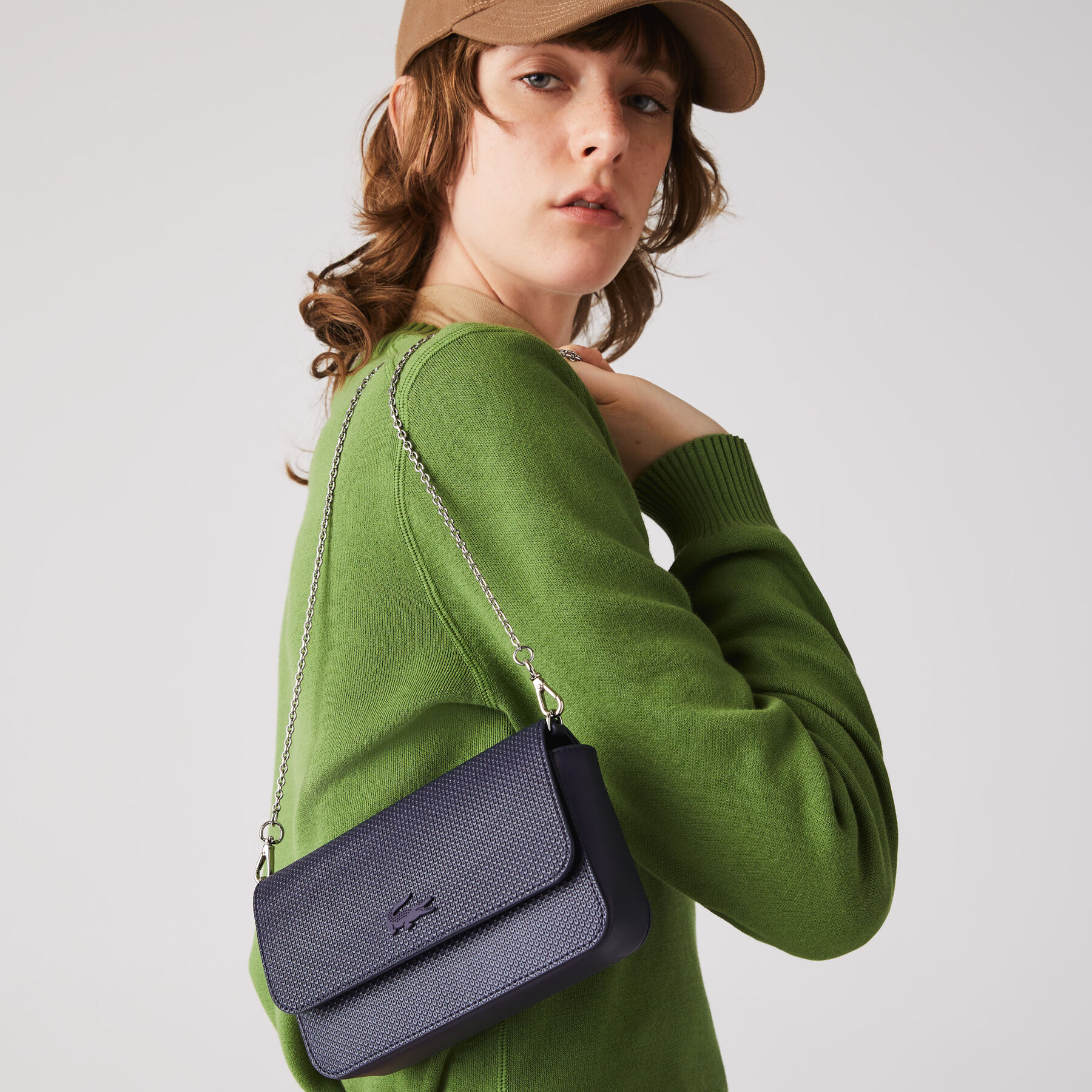 lacoste women s chantaco matte piqu  leather flap belt bag