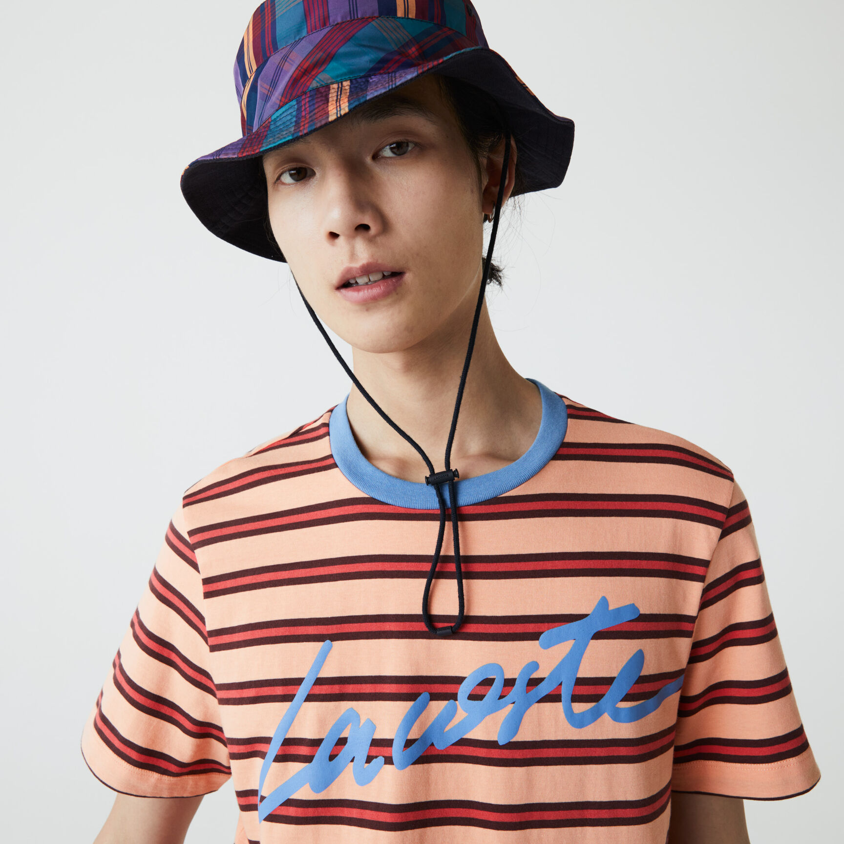 Men’s Crew Neck Print Lettering Striped Cotton T-shirt