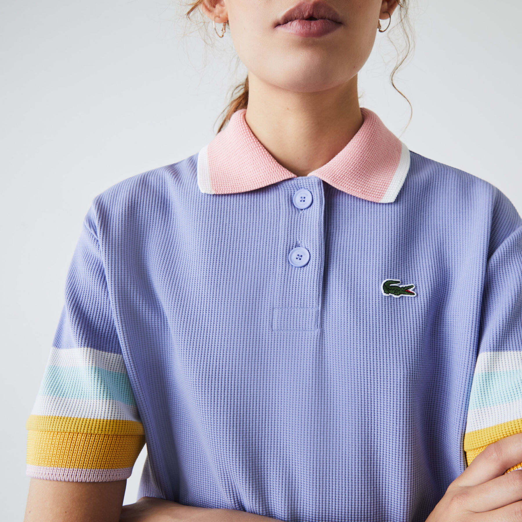 women s lacoste striped sleeve textured cotton polo shirt