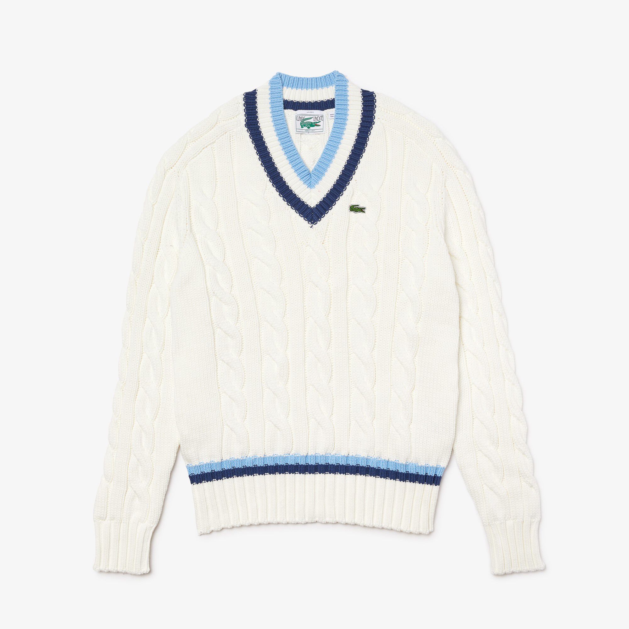 Buy Unisex V neck Striped Finishes Cable Knit Sweater Lacoste SA