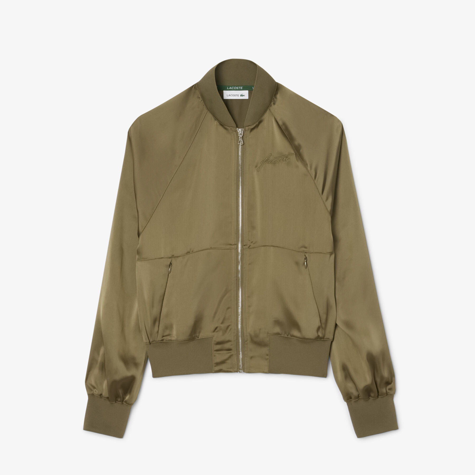 lacoste oversized embroidered signature satin bomber jacket