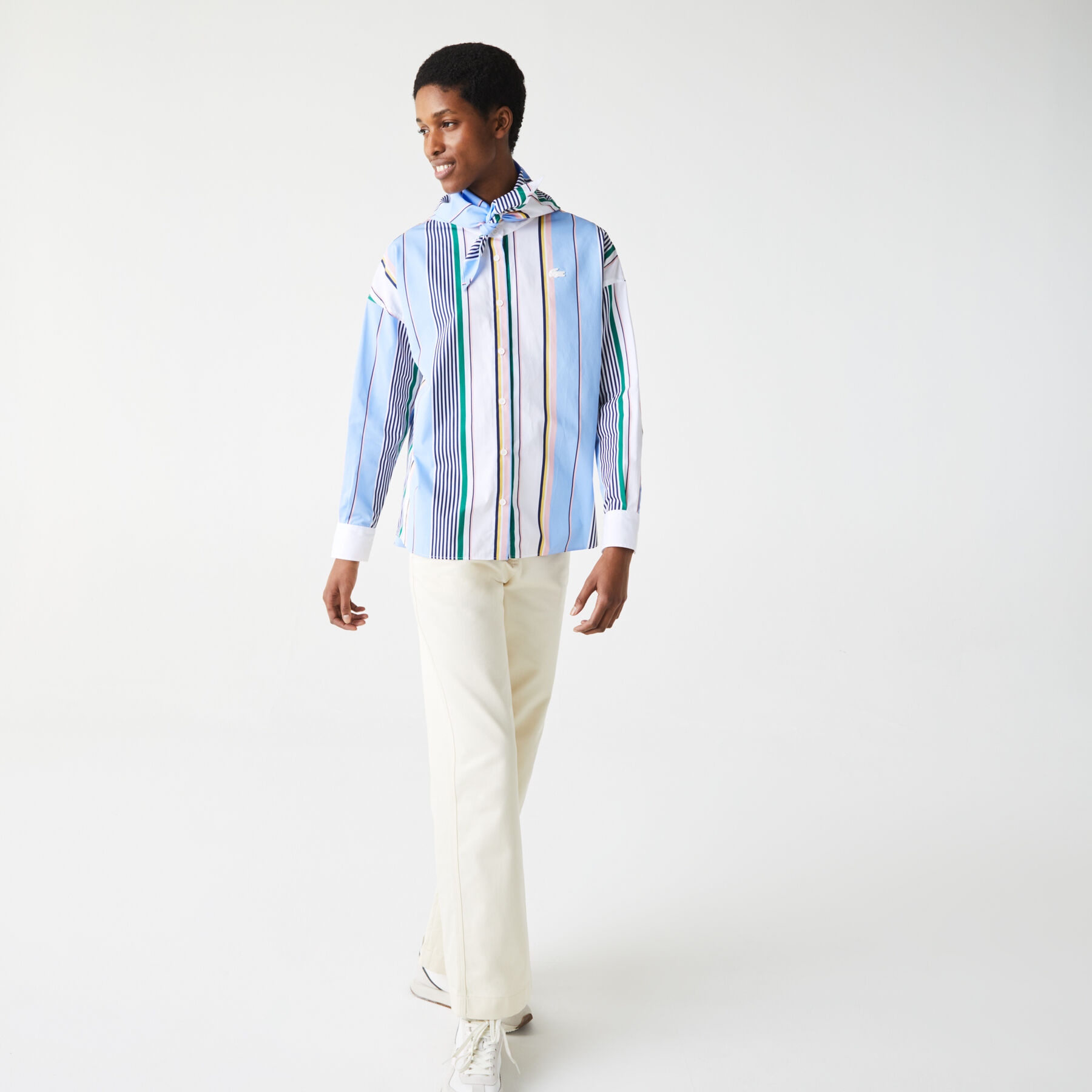 لاكوست قميص قطني مقلم للنساء قصة كلاسيكية مع ياقة وشاح مجموعة lacoste live