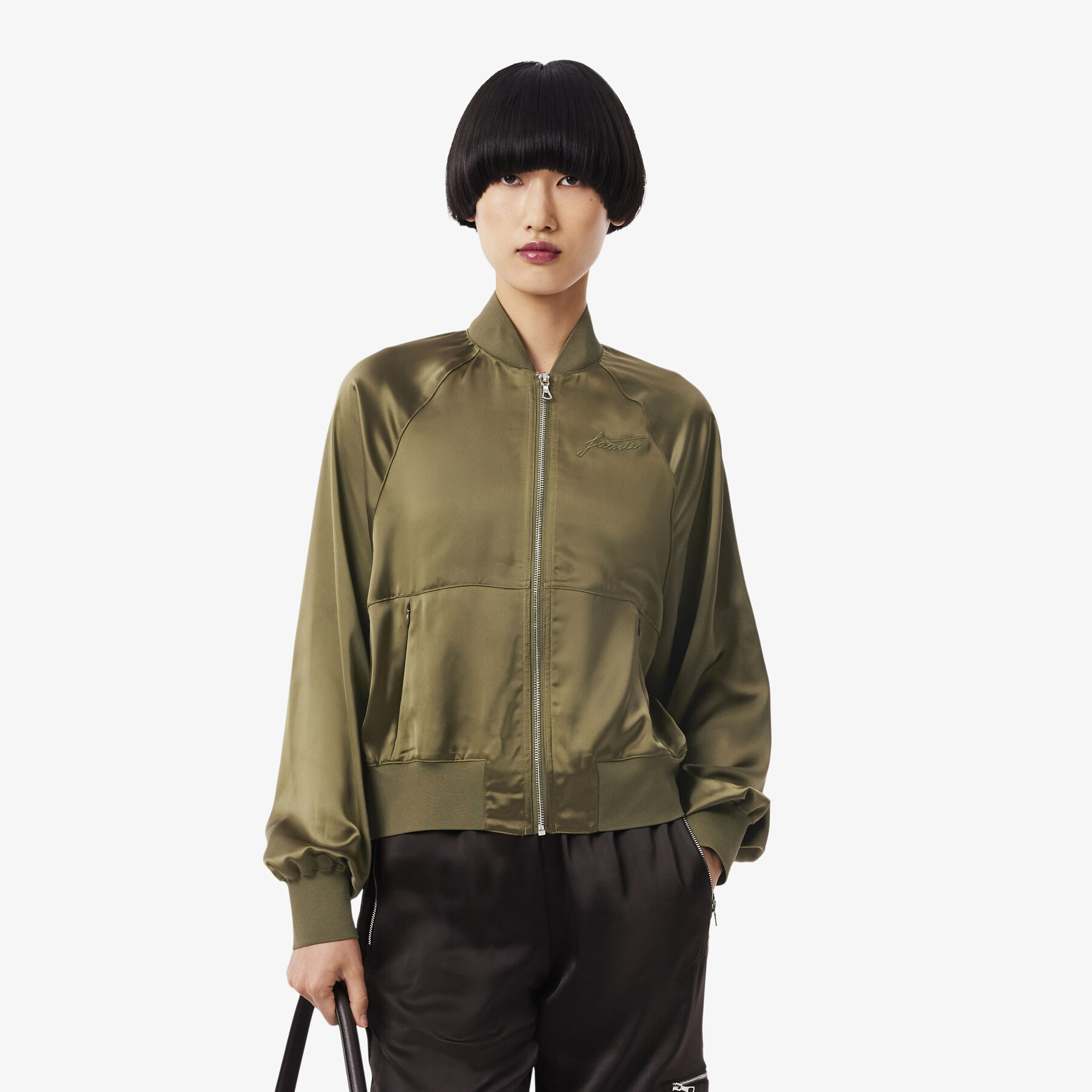 lacoste oversized embroidered signature satin bomber jacket