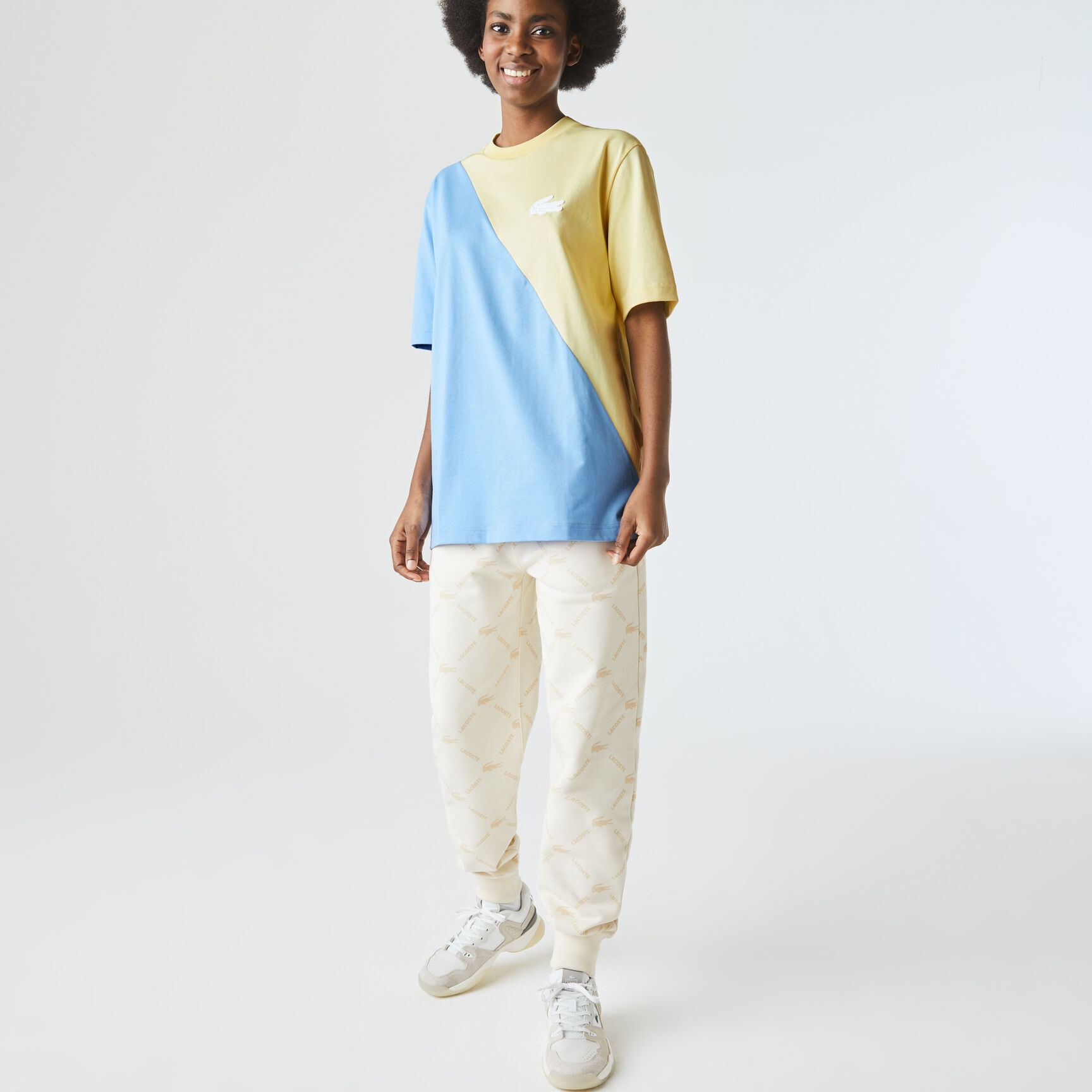 تي شيرت قطن للجنسين ثنائي اللون قصة فضفاضة مجموعة Lacoste LIVE