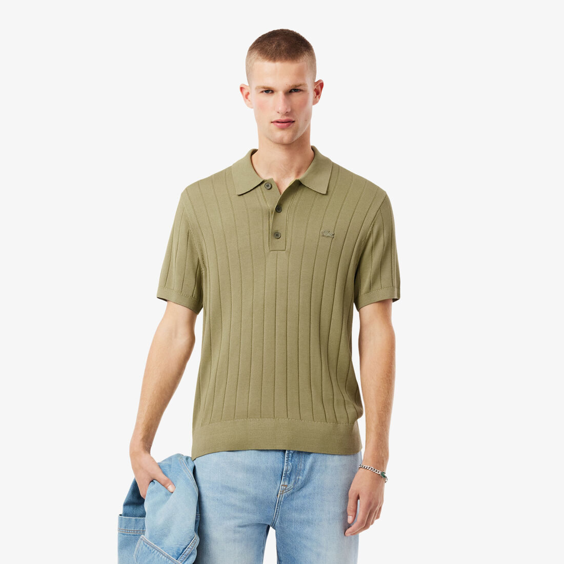 Fluid Ribbed Knit Polo Collar Sweater