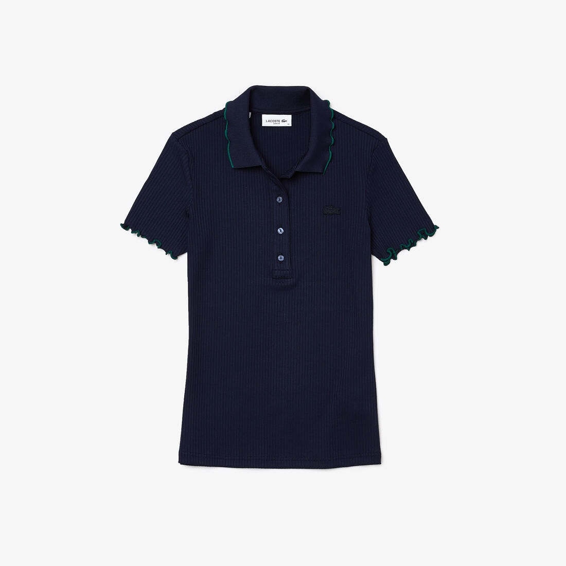 قميص بولو نسائي من Lacoste بقصة ضيقة مزين بتفاصيل مضلعة وملونة قميص بولو نسائي من Lacoste بقصة ضيقة مزين بتفاصيل مضلعة وملونة