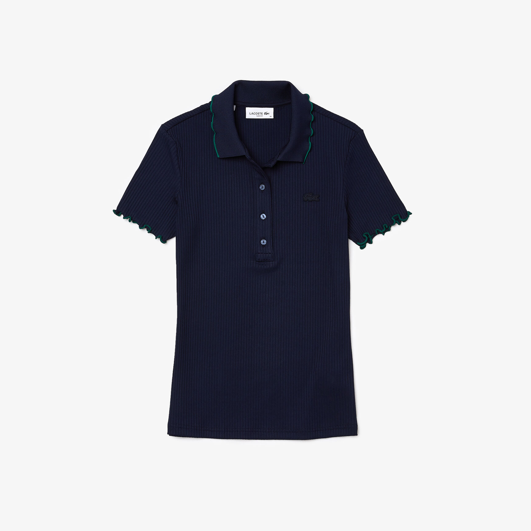 قميص بولو نسائي من Lacoste بقصة ضيقة مزين بتفاصيل مضلعة وملونة قميص بولو نسائي من Lacoste بقصة ضيقة مزين بتفاصيل مضلعة وملونة
