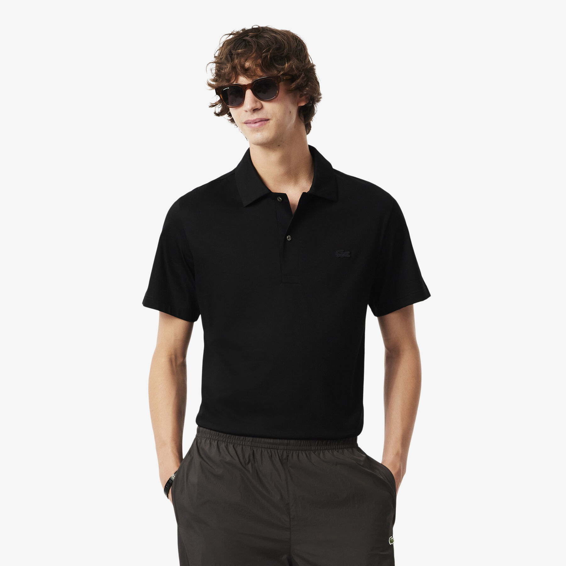 lacoste paris classic fit open neck embroidered polo shirt
