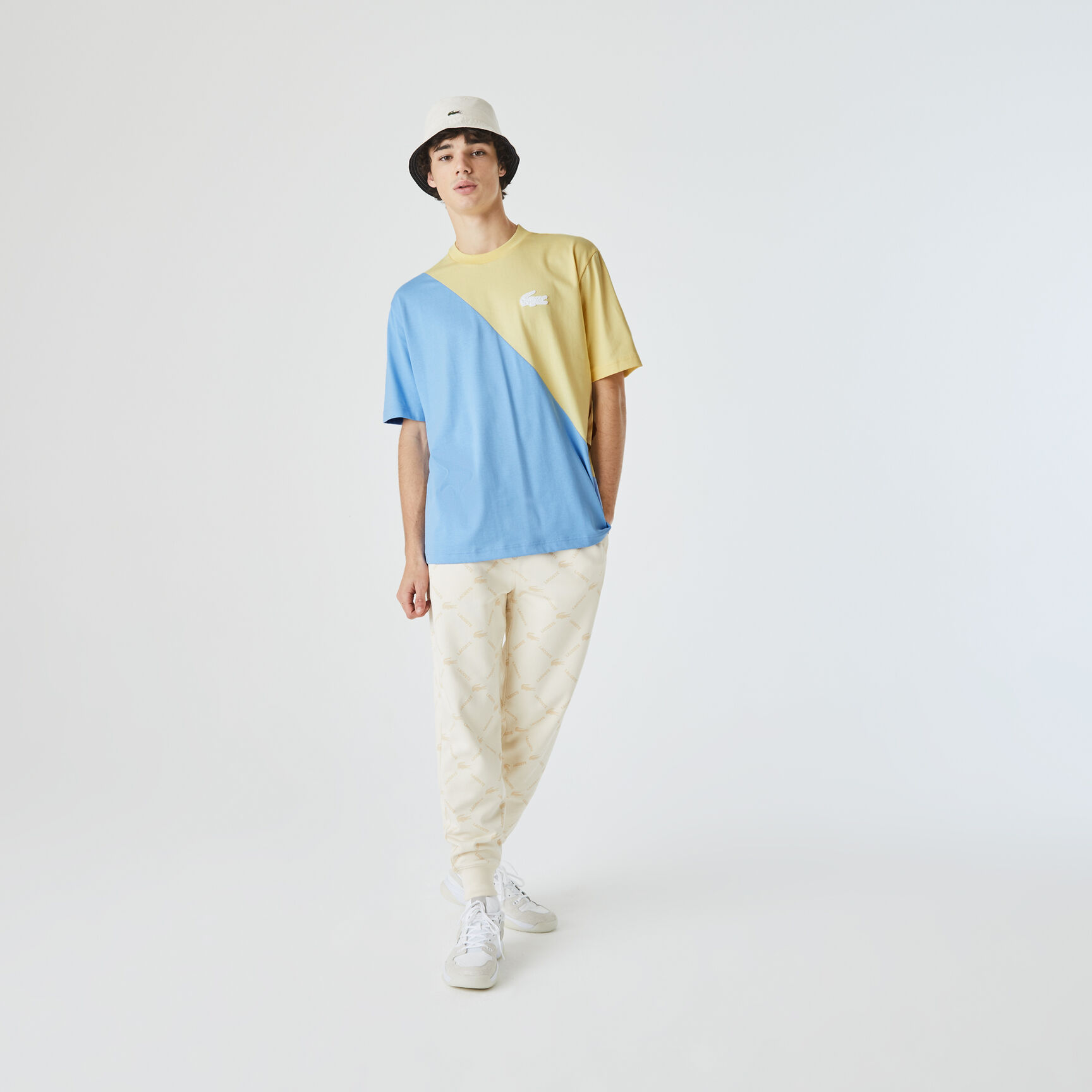 تي شيرت قطن للجنسين ثنائي اللون قصة فضفاضة مجموعة Lacoste LIVE