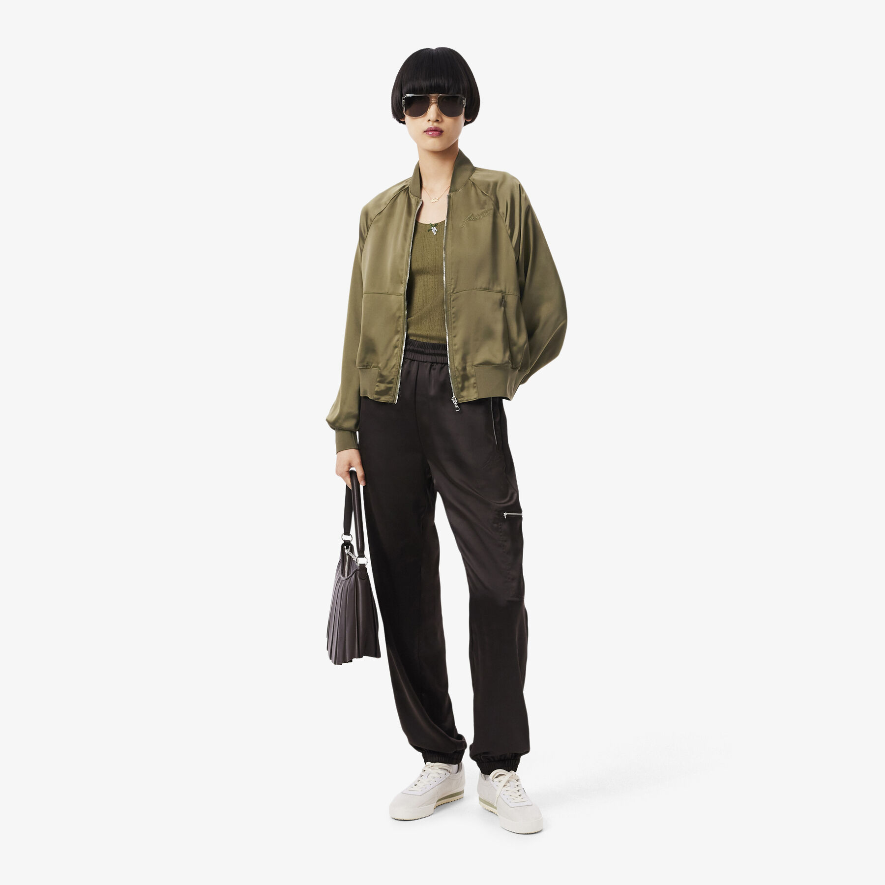 lacoste oversized embroidered signature satin bomber jacket