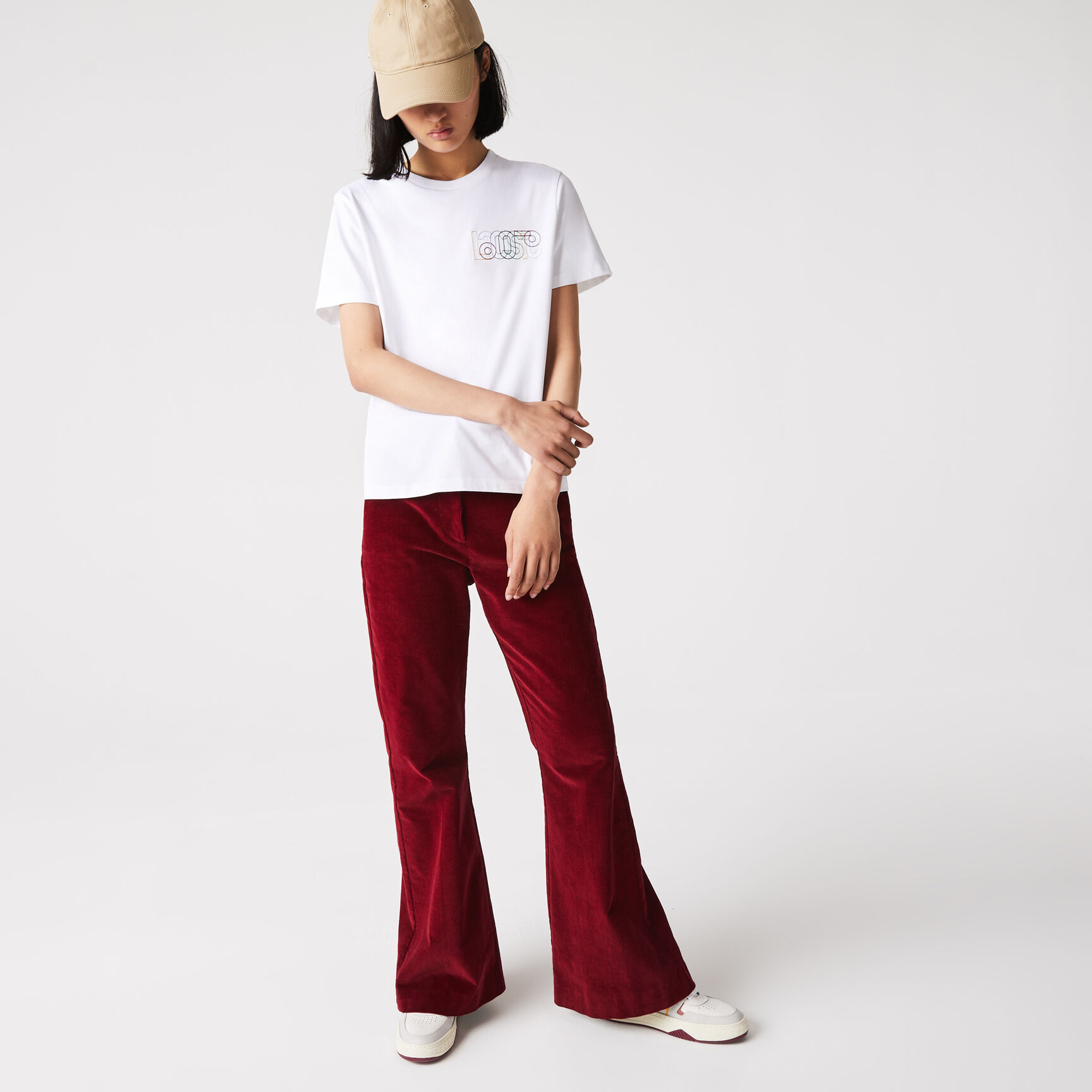 Women's Crew Neck Embroidered Multicolor Lettering Cotton T-shirt