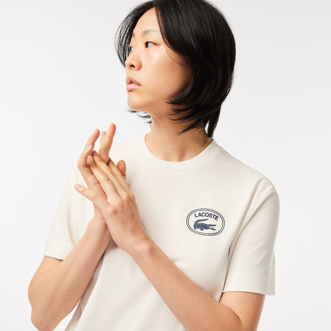 تي شيرت لاكوست جيرسيه قطن بطبعة شعار واسم الماركة تي شيرت لاكوست جيرسيه قطن بطبعة شعار واسم الماركة