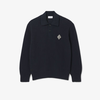 Badge Accent Pearl Rib Polo Collar Sweater