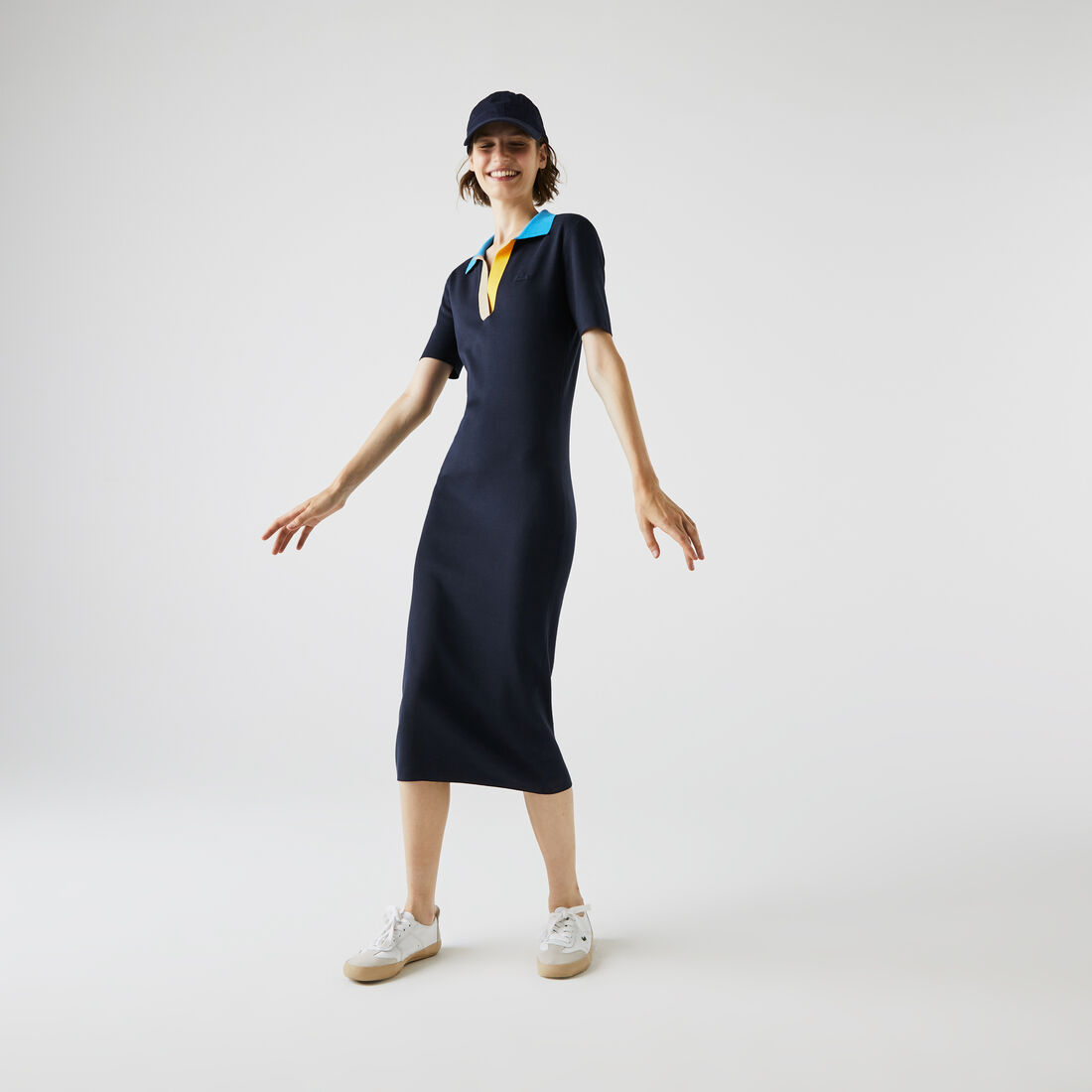 فستان طويل بشكل قميص من القطن المحبوك ثنائي اللون بياقة بولو للنساء فستان طويل بشكل قميص من القطن المحبوك ثنائي اللون بياقة بولو للنساء