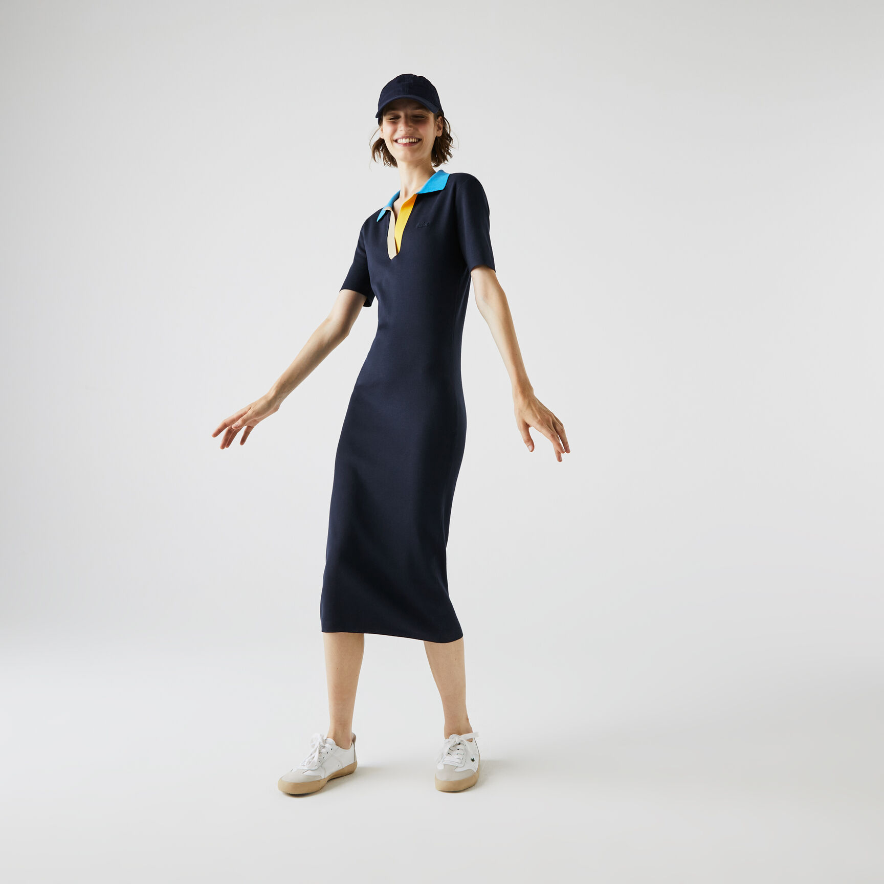 فستان طويل بشكل قميص من القطن المحبوك ثنائي اللون بياقة بولو للنساء فستان طويل بشكل قميص من القطن المحبوك ثنائي اللون بياقة بولو للنساء