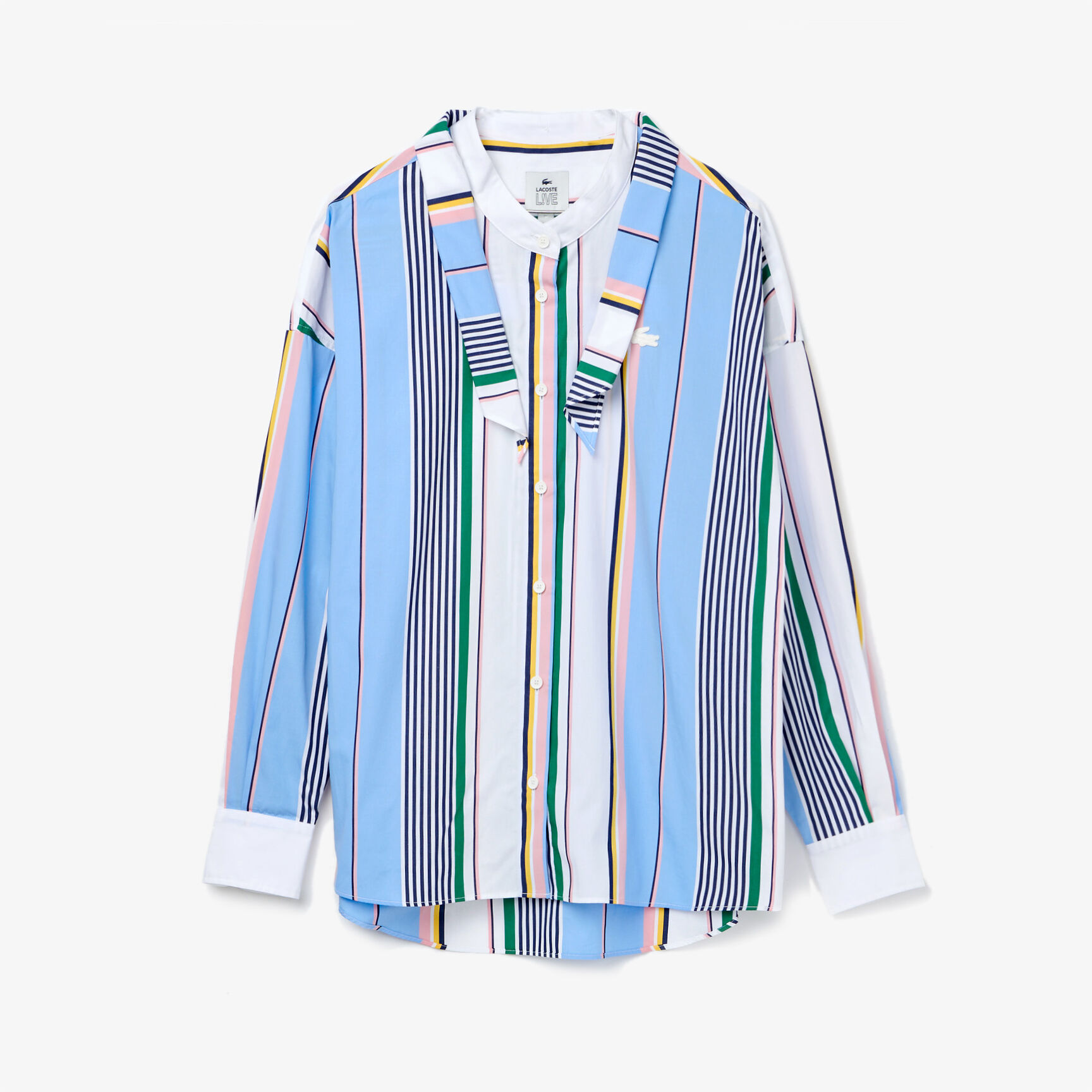 قميص قطني مقلم للنساء قصة كلاسيكية مع ياقة وشاح مجموعة Lacoste LIVE قميص قطني مقلم للنساء قصة كلاسيكية مع ياقة وشاح مجموعة Lacoste LIVE