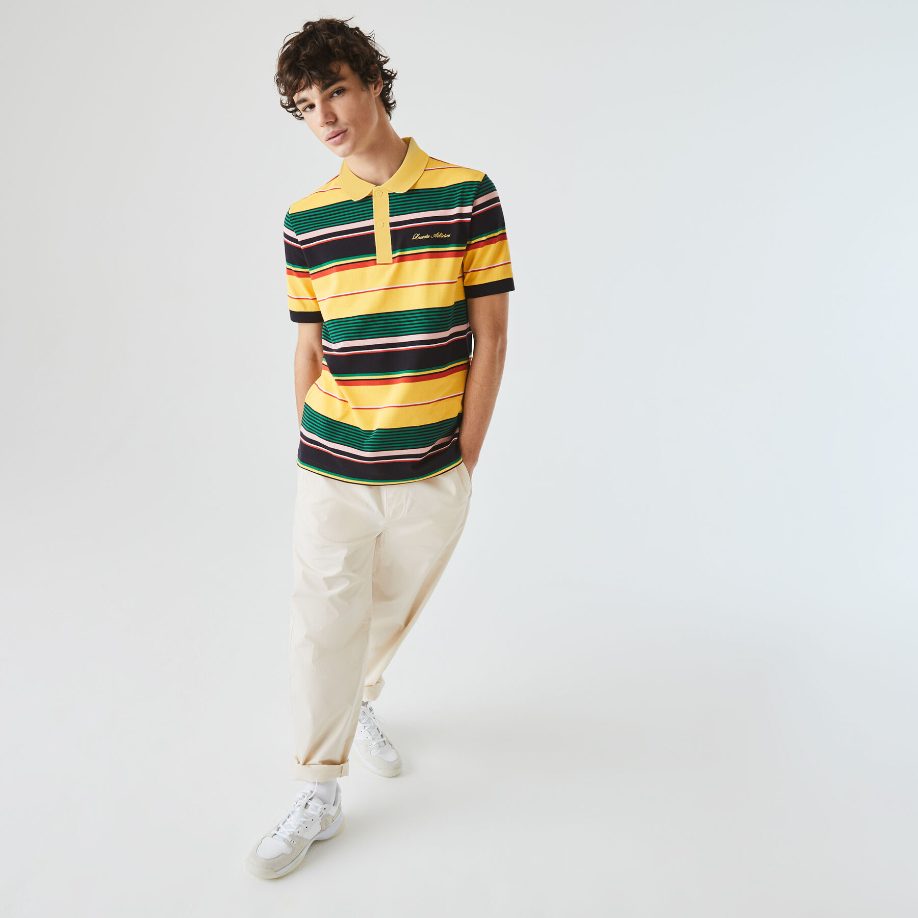 لاكوست قميص بولو مقلم مطرز من بيكيه القطن مجموعة lacoste live للجنسين