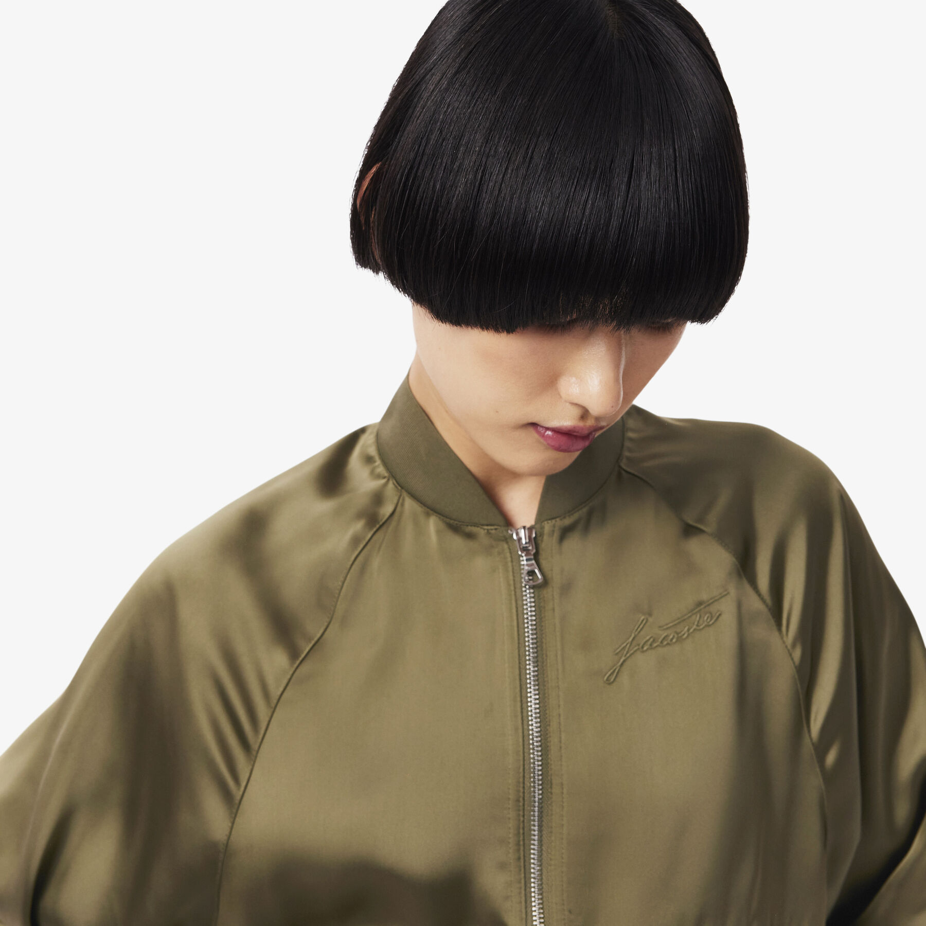 lacoste oversized embroidered signature satin bomber jacket