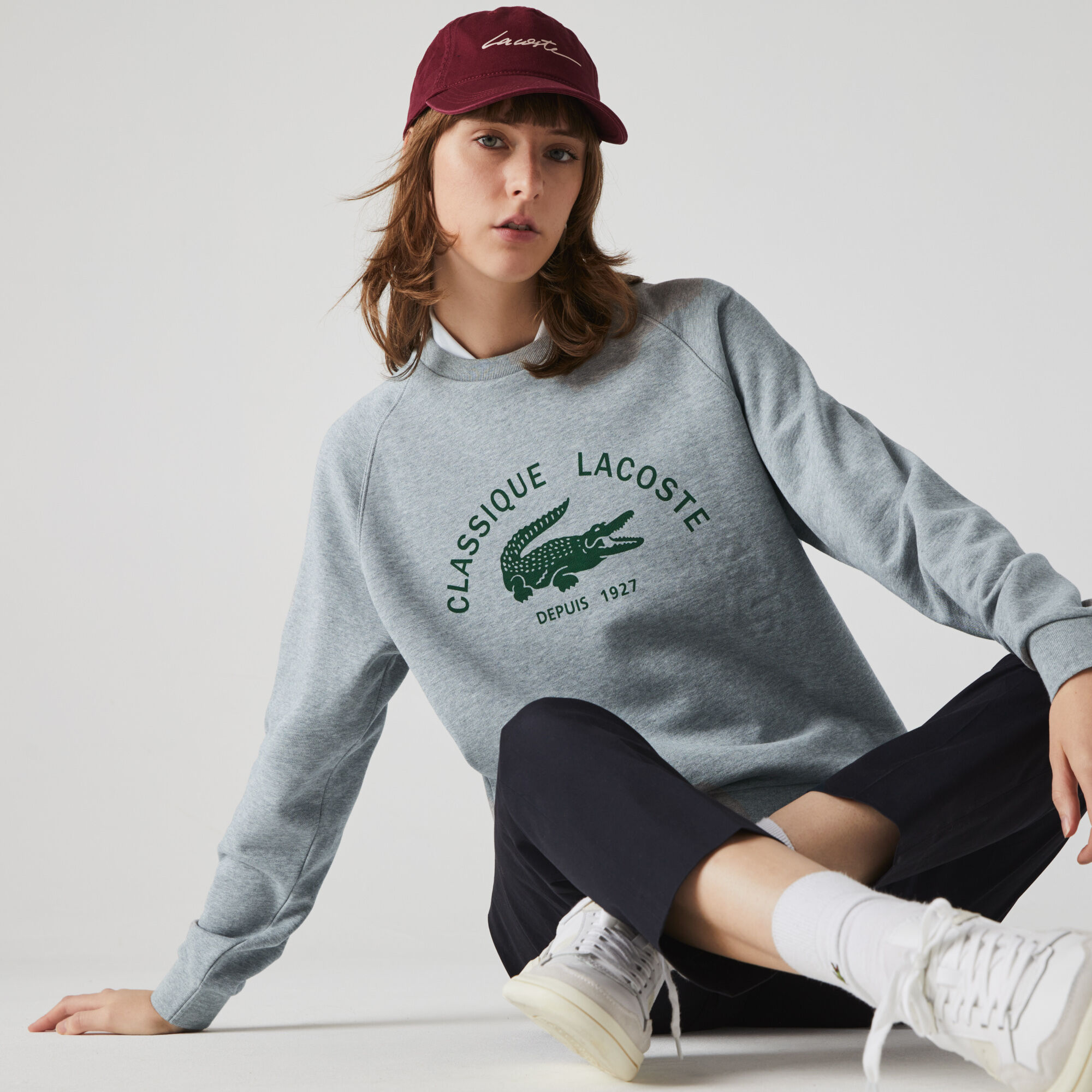 Buy Women s Crew Neck Vintage Print Lightweight Cotton Fleece Sweatshirt Lacoste SA